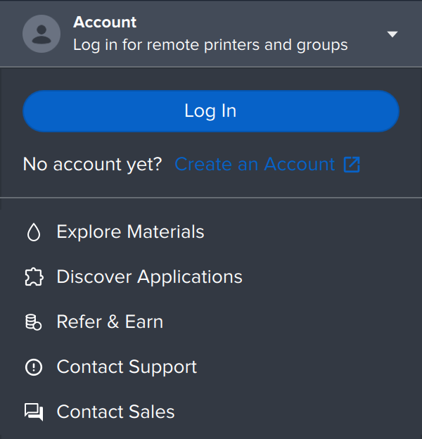 The PreForm Account menu while logged out, with the line Log in for remote printers and groups and the Log In button.