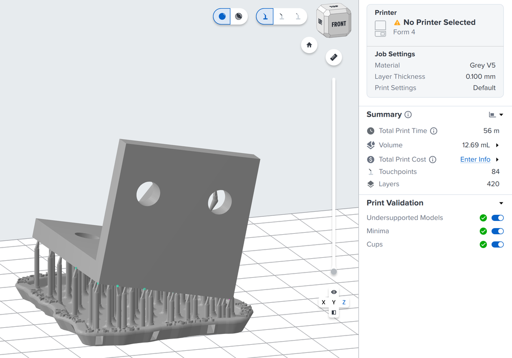 PreForm with one model oriented, supported, and laid out on a Form 4 build platform, set up for Grey V5 at 0.1 mm.