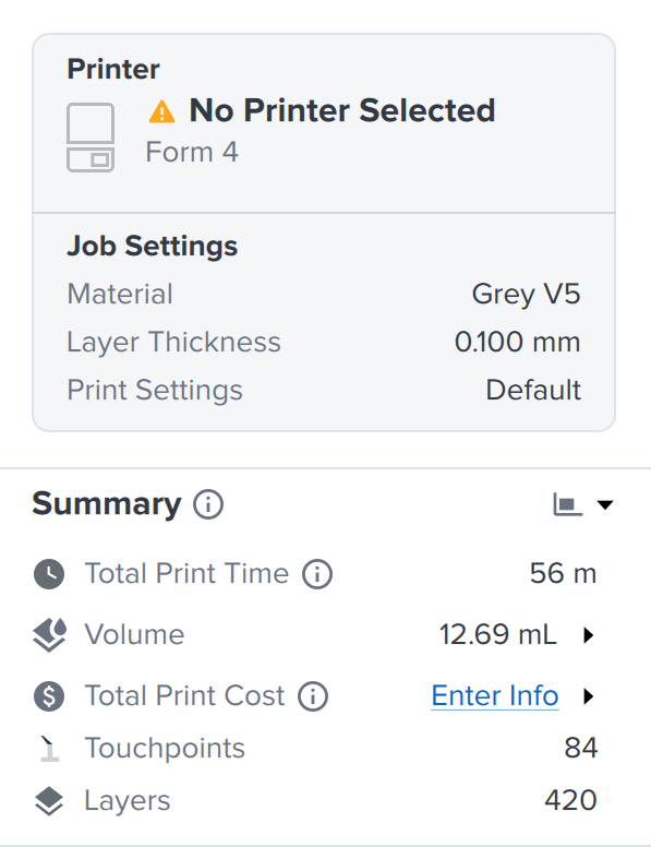The Summary section of the PreForm side panel for a Form 4 build in Grey V5, with the print time, the layer count, and the resin volume.