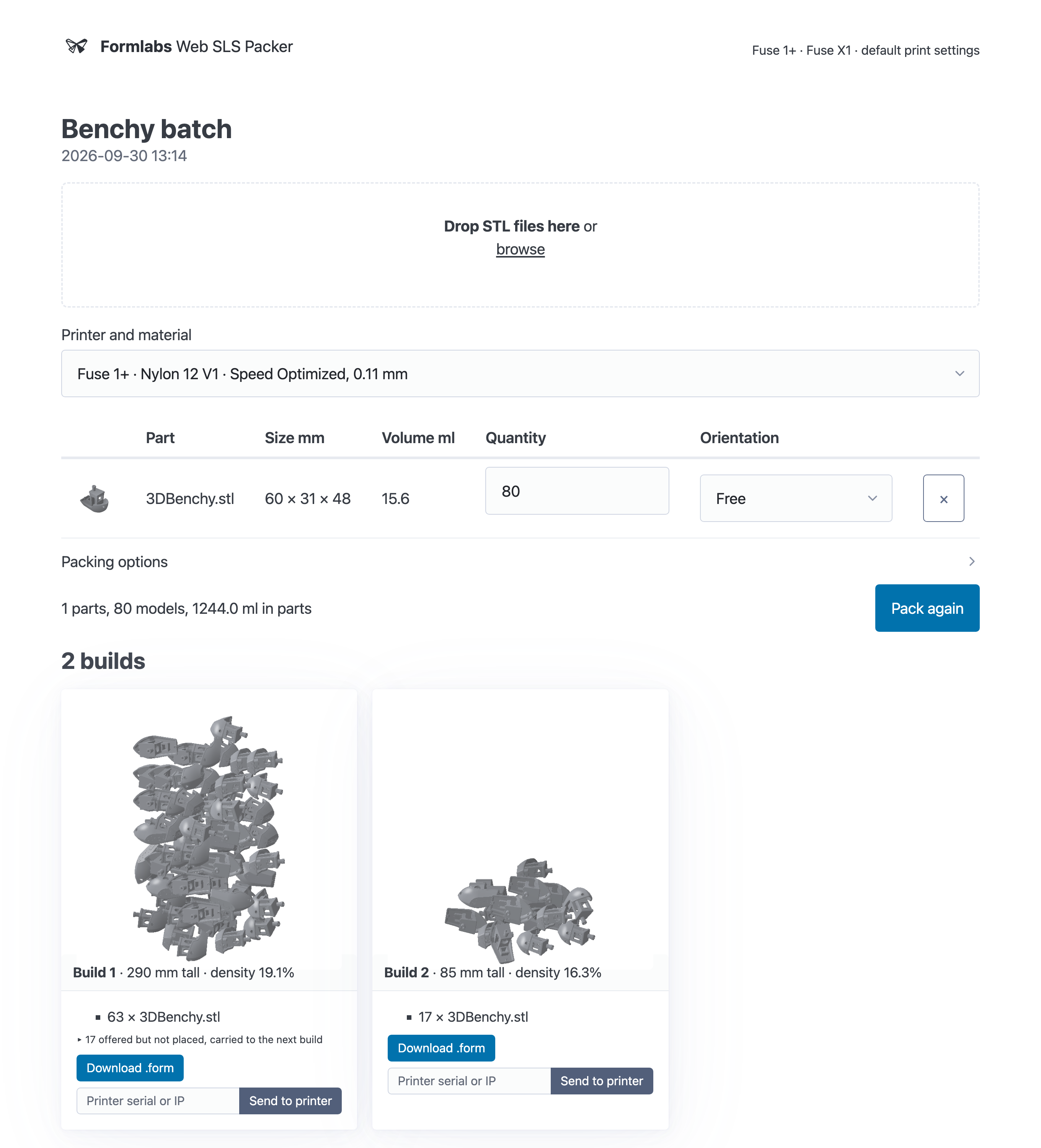 Web SLS Packer showing a job of 80 3DBenchy boats for a Fuse 1+ in Nylon 12: the part with its size, volume, quantity and orientation lock, and two packed builds, the first holding 63 boats at 19.1% packing density and the second the 17 that did not fit.