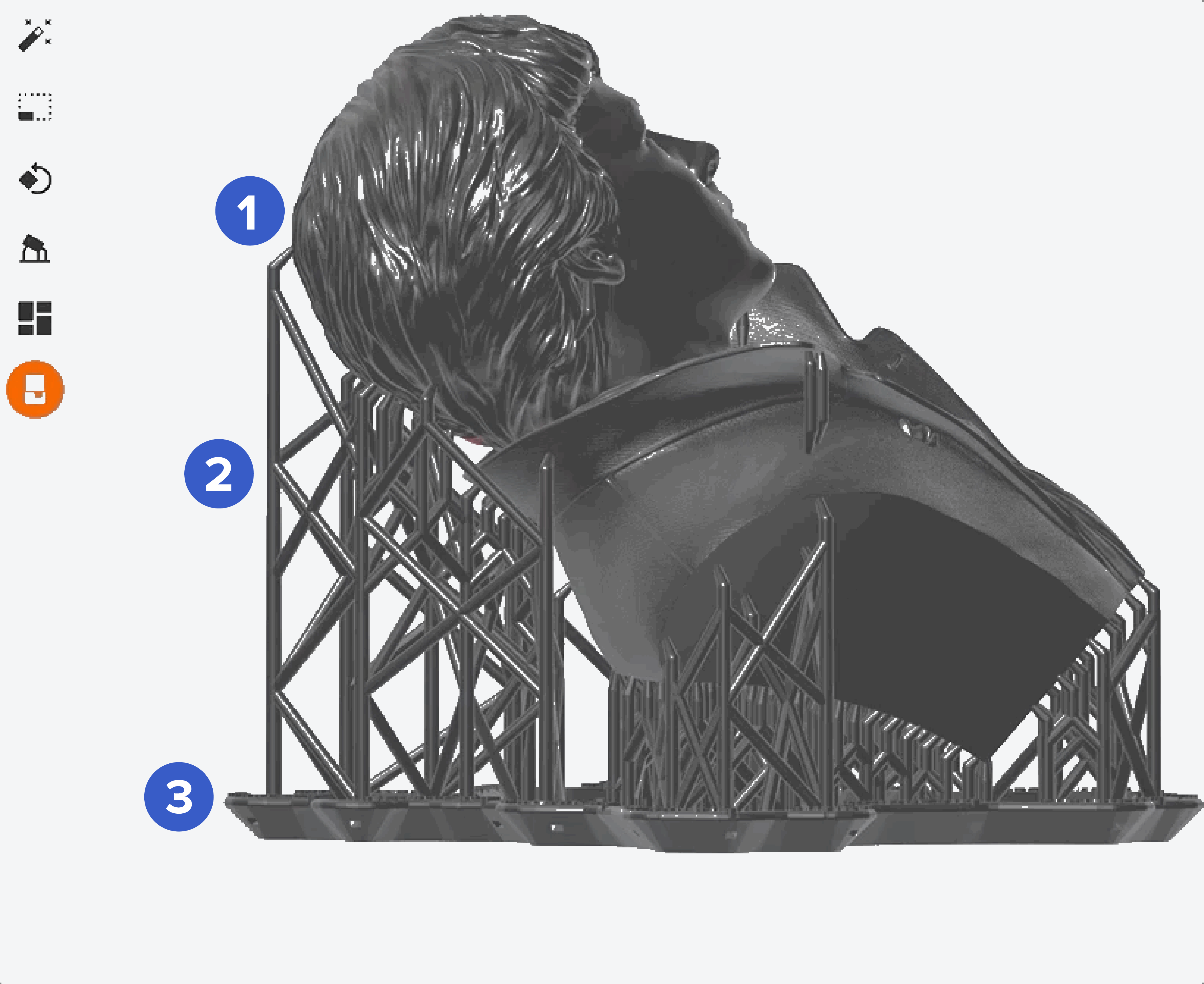 undefined A bust in PreForm on its supports. Label 1 marks the touchpoints, label 2 the scaffolding, and label 3 the raft on the build platform.