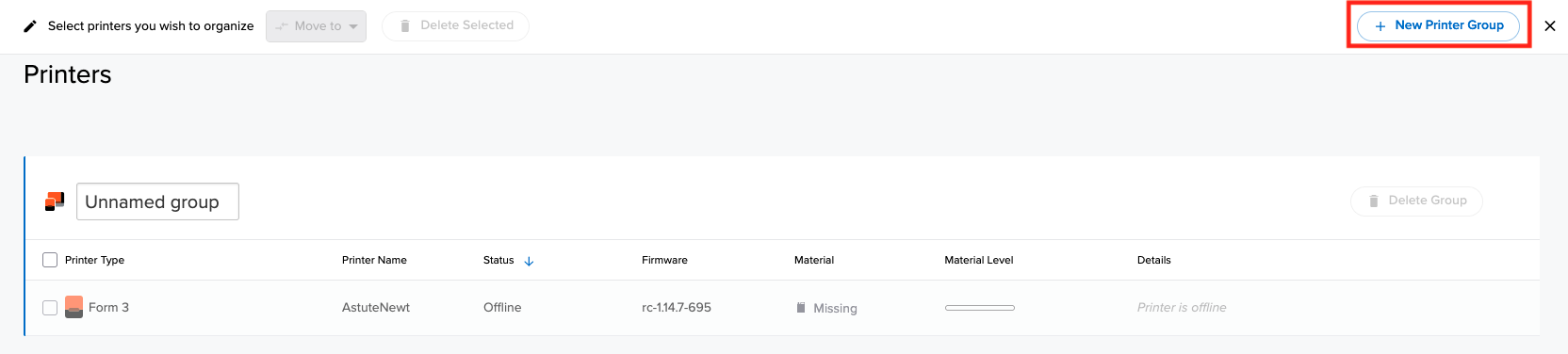 The Printers page in Dashboard in organize mode, with the New Printer Group button highlighted and an unnamed group that holds one Form 3.
