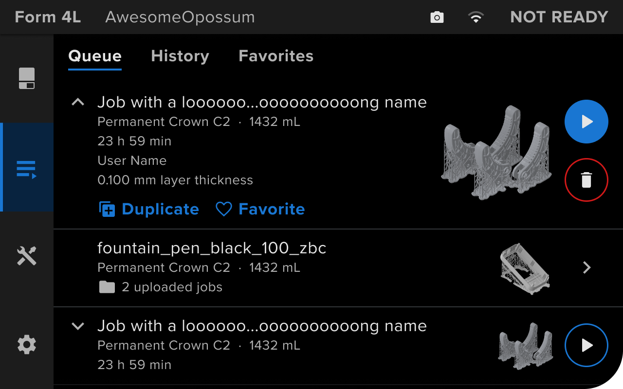 undefined The Queue tab on a Form 4L touchscreen with three uploaded print jobs. Each shows its material, resin volume, and print time, and the first one is expanded with a start button and a delete button.