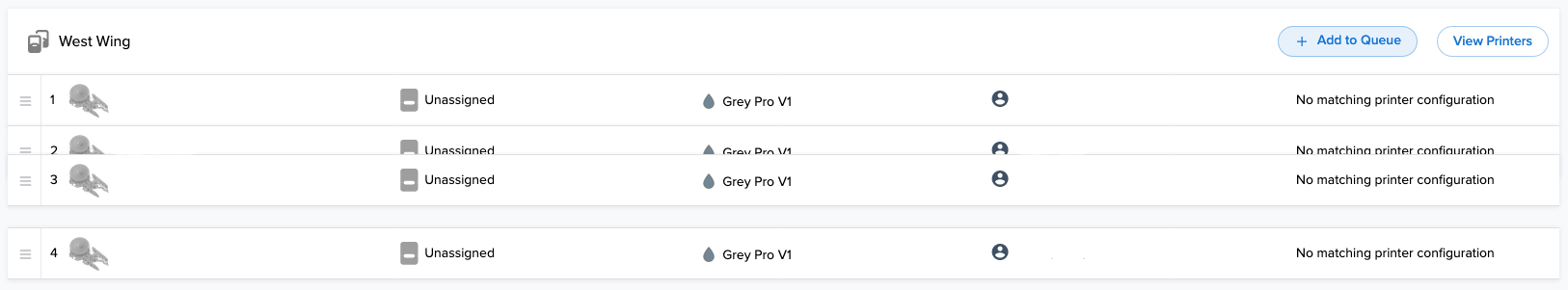 undefined A group queue in Dashboard with four queued print jobs. Each is unassigned and waits for a printer with a matching configuration.