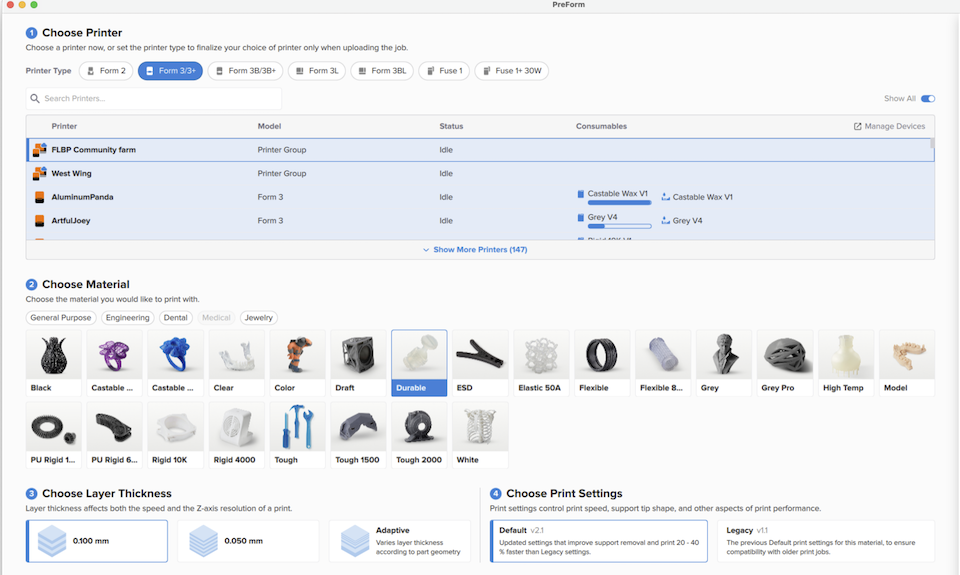 The PreForm Job Setup screen with four steps: choose printer, choose material, choose layer thickness, and choose print settings.