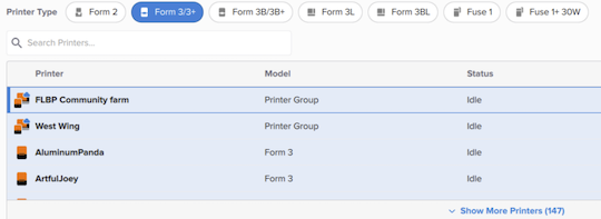 The Choose Printer step of Job Setup in PreForm. The printer list shows two Printer Groups, FLBP Community farm and West Wing, with the model Printer Group, above individual Form 3 printers.