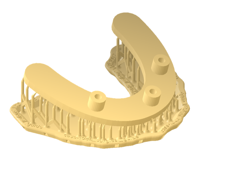 A surgical guide tilted 15 degrees on supports and a full raft labeled with the model name