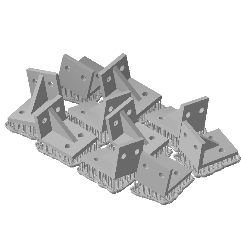 Ten copies of the bracket oriented, supported, and laid out on a Form 4 build platform, the build that the Grey V5 quote prices