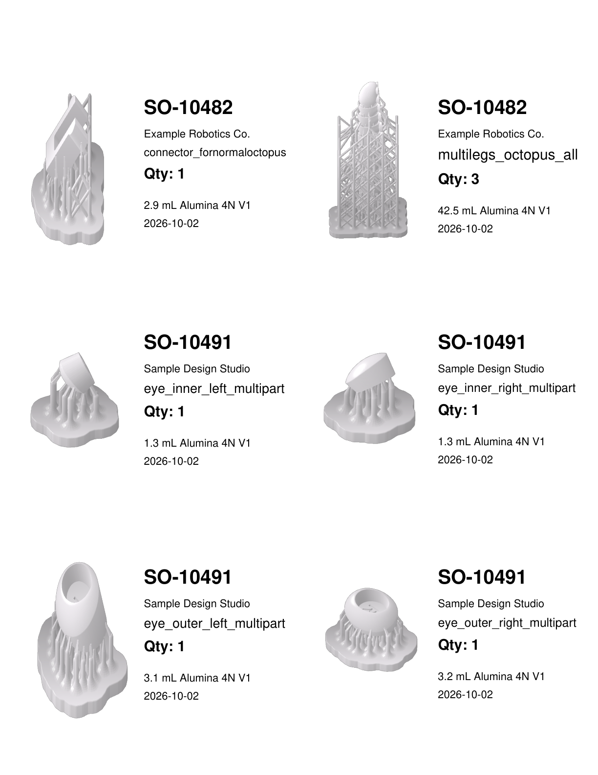 A letter sheet of six bag labels, each with the order number and a rendered picture of the part